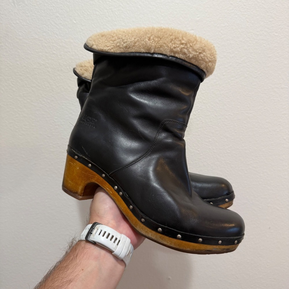 UGG Australia Lynnea Blk Leather Shearling Clog Boots 1958 Studded Wood Heel 11